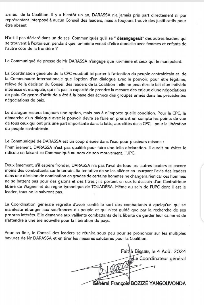 Central African Republic: Nothing is working within the CPC rebel coalition. The day after the press release from Ali Darass, Chief of Staff of the CPC, announcing the end of hostilities and the desire to return to the discussion table with the government, François Bozizé, the head of the CPC in exile in Guinea, has just disavowed Darass' media outing, which he describes as trafficking. Below is the press release signed François Bozizé.